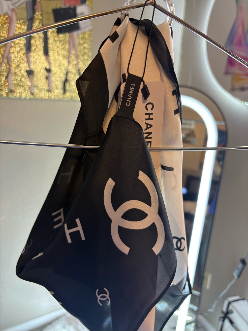 CHANEL Black and White CC Logo Silk Scarf - Picture 1 of 2